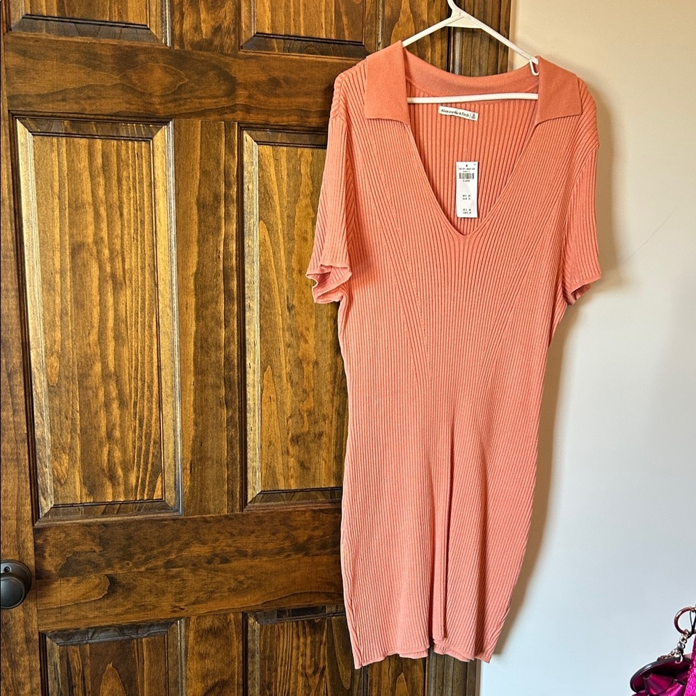 Abercrombie & Fitch Ribbed Midi Dress in Coral